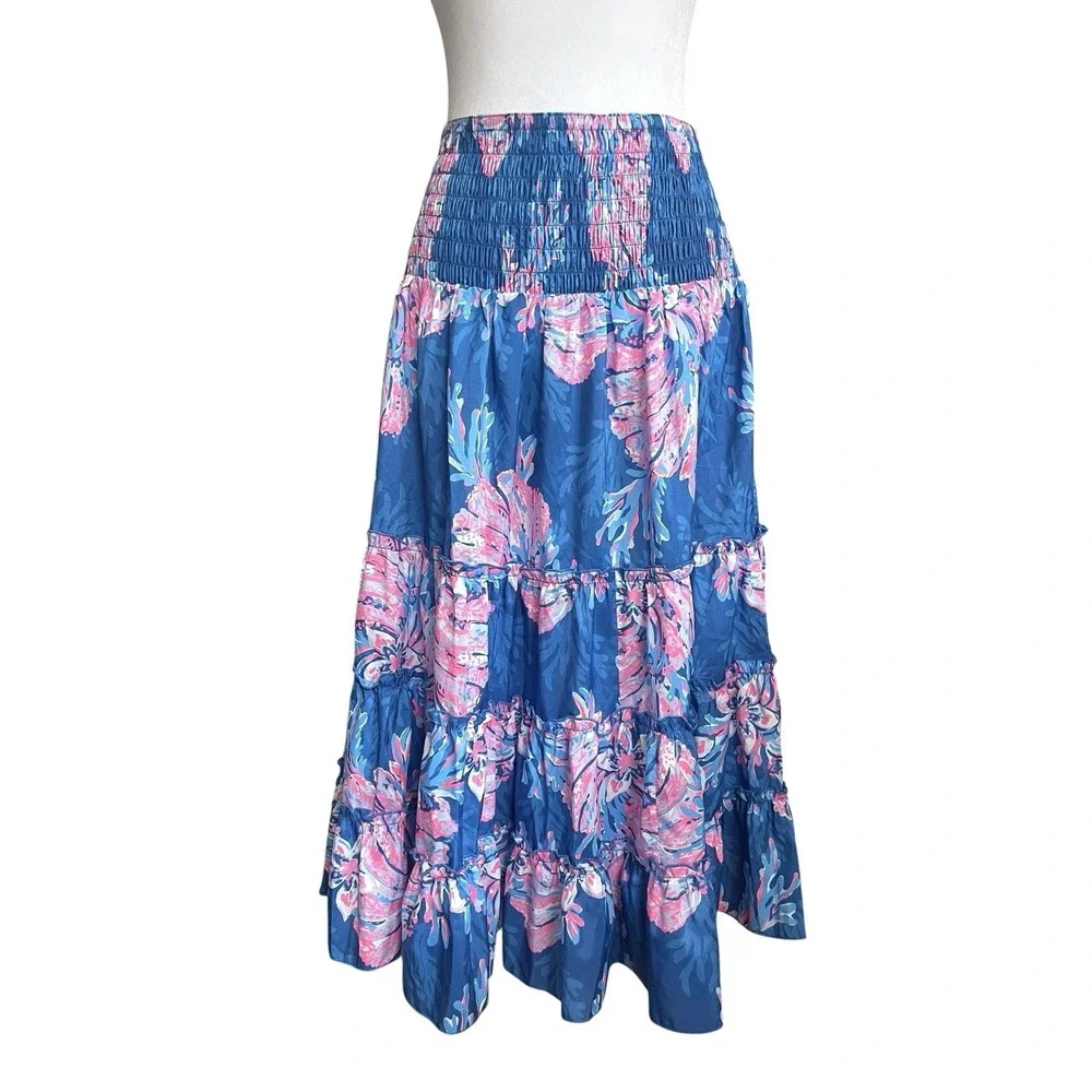 Lilly Pulitzer Deavan Pull-on Tiered Midi Skirt For The Fans Pink Blue Beachy S
